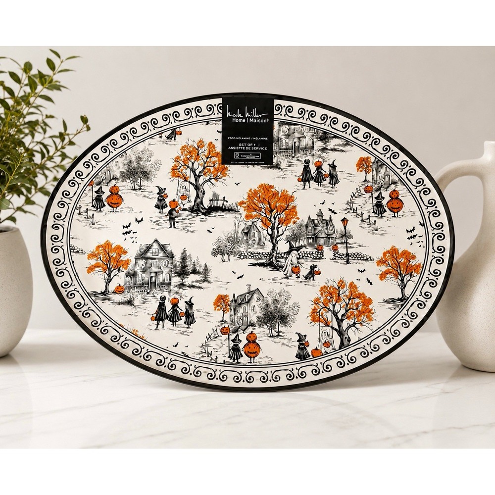 Nicole Miller Halloween Spooky Toile Melamine Oval Serving Platter Tray NWT